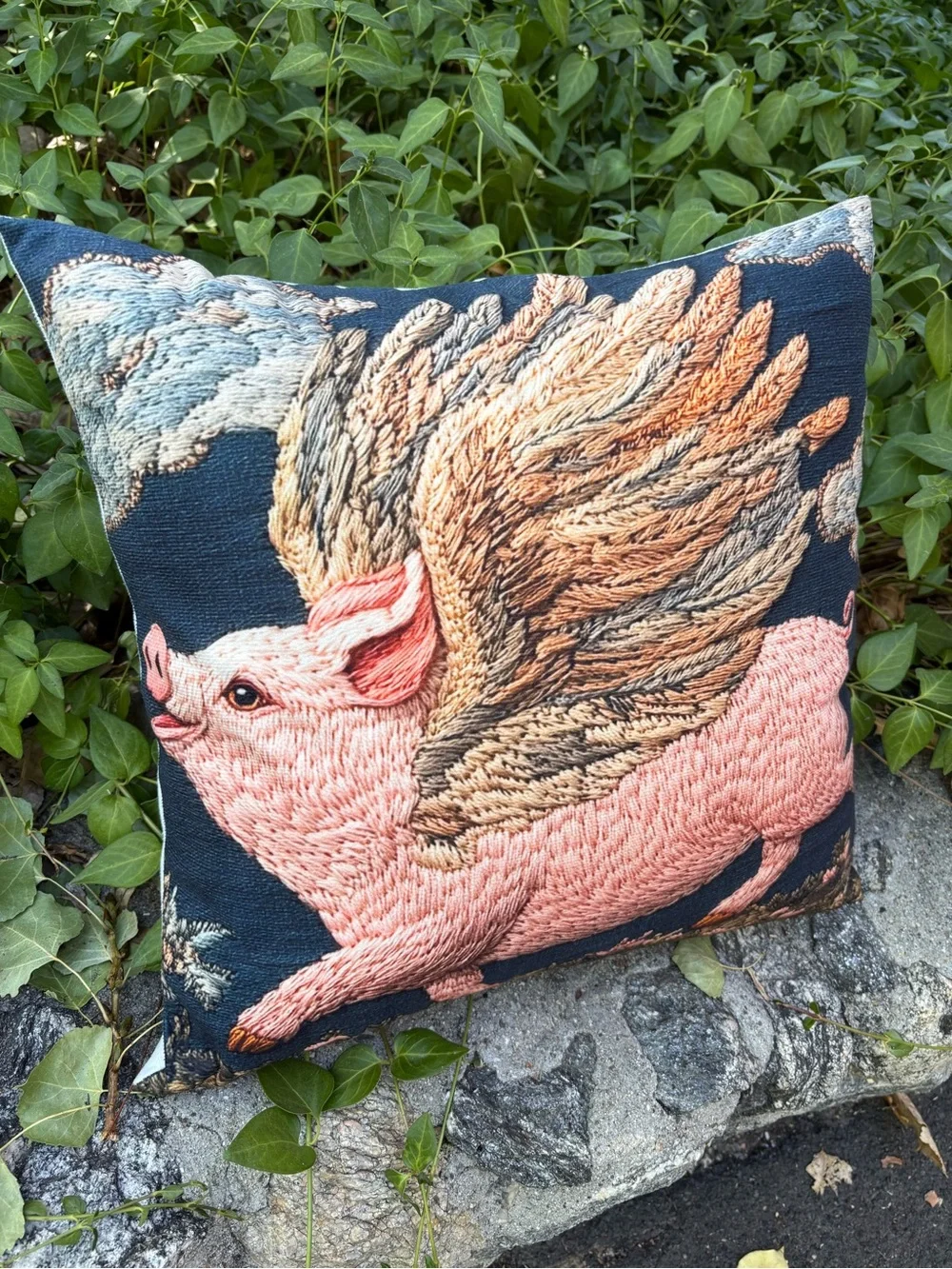 Embroidered look Flying Pig Accent Pillow - Pink on Navy